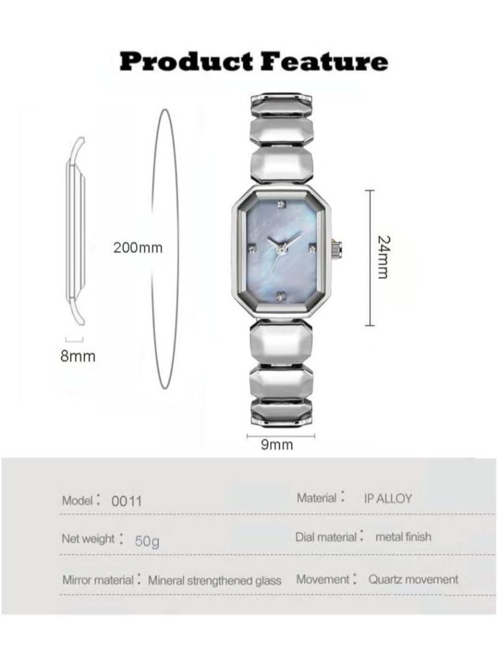 Women's Silver Rectangle Bracelet with Dainty Stainless Steel Band Quartz Watch - Picture 6 of 6